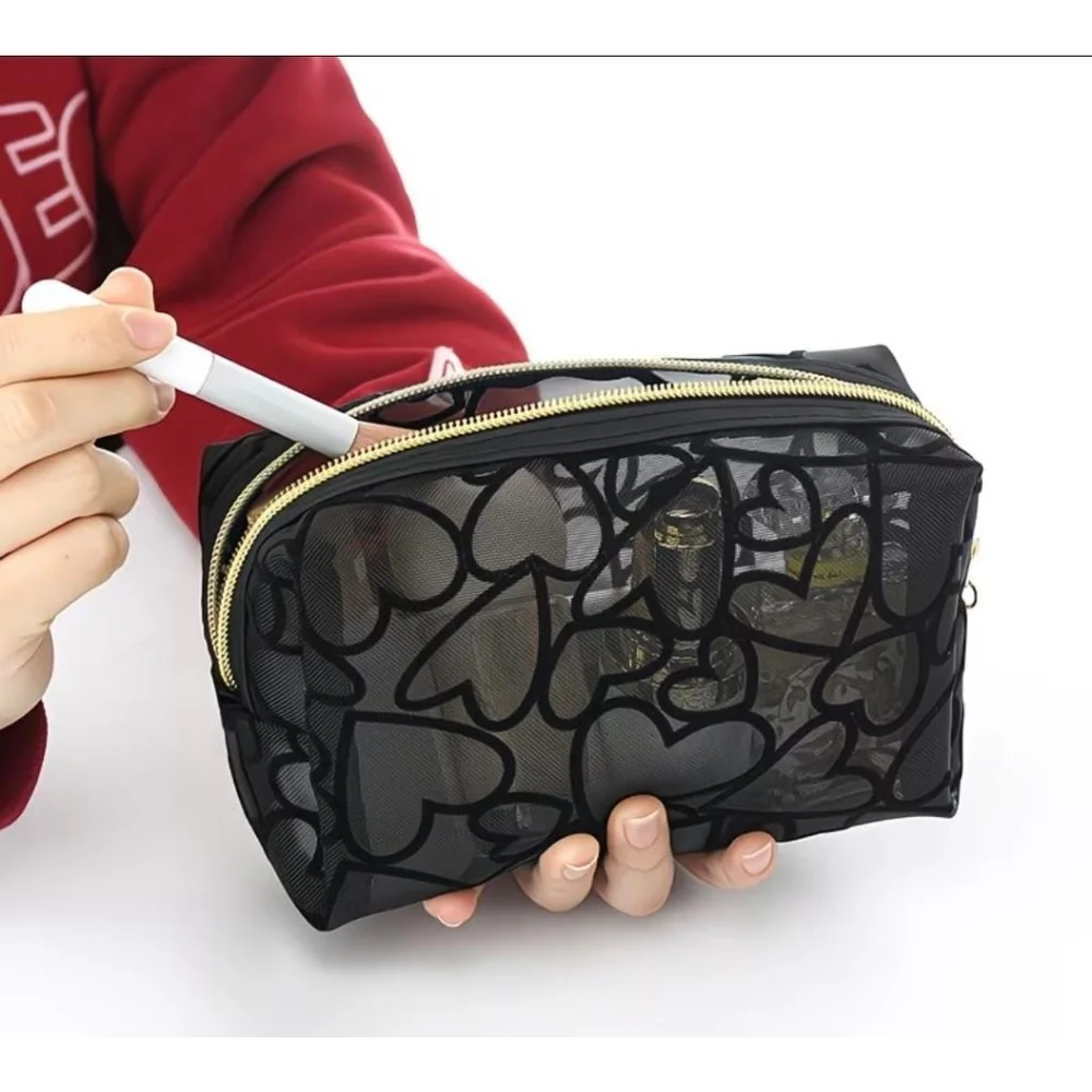 Women's Black Gold Heart Mesh Cosmetic Bag One Size